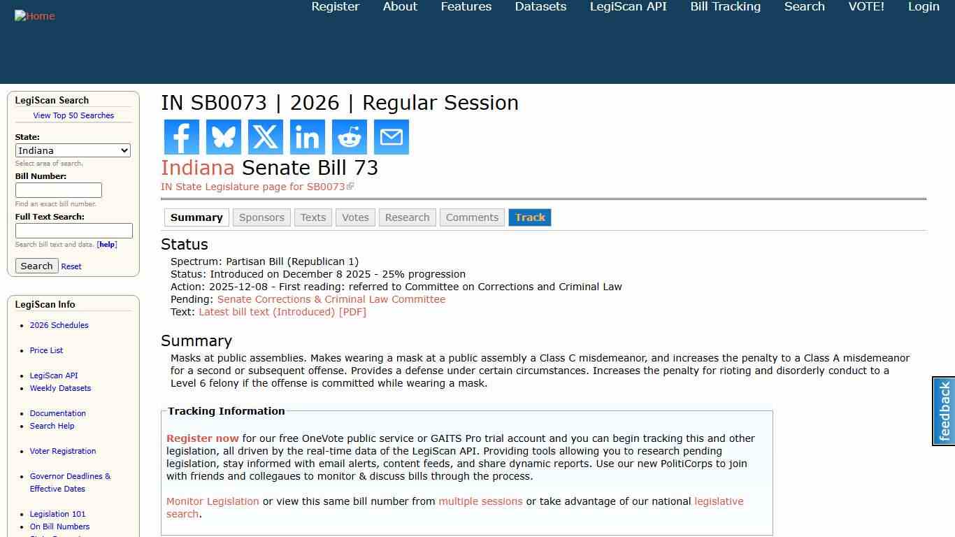 IN SB0073 2026 Regular Session LegiScan