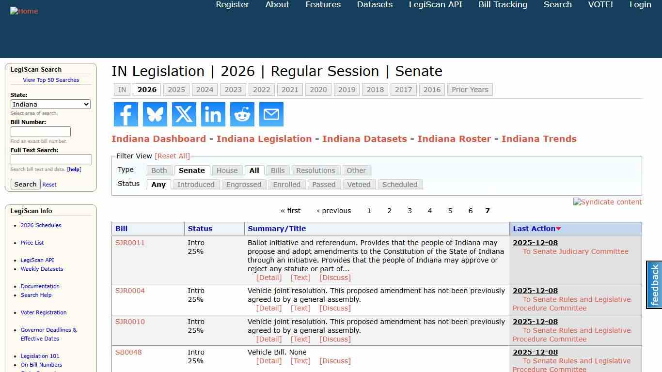 IN Legislation 2026 Regular Session Senate LegiScan